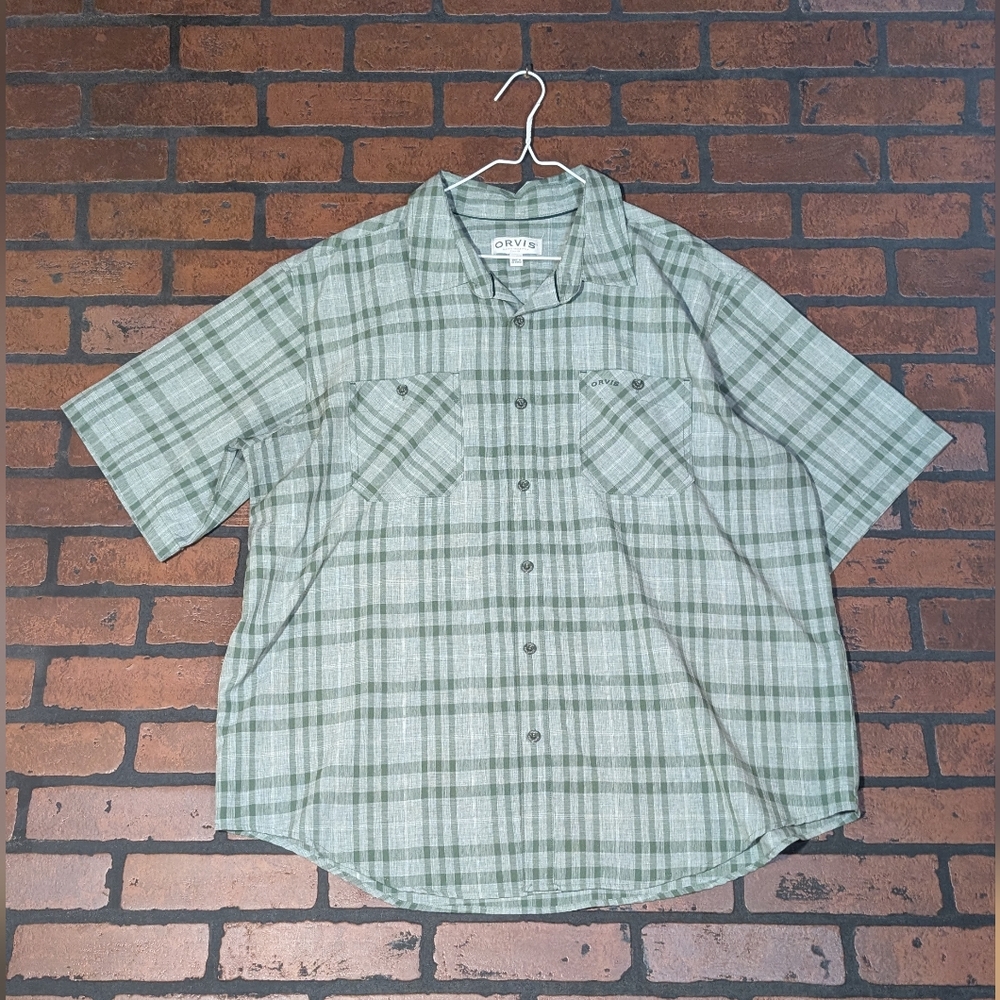 Orvis Mens XXL Sage Green Plaid Short Sleeve Button Down Shirt Utility Outdoor‎